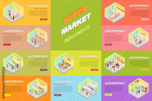 Supermarket Departments Banners Set. Store Shop