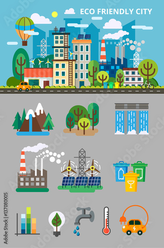 Fototapeta Naklejka Na Ścianę i Meble -  Big ecology set for info graphis. Landscape with ecology concept. Ecofriendly city with buildings, transport and nature ecology elements in flat style. Vector illustration for brochures and websites