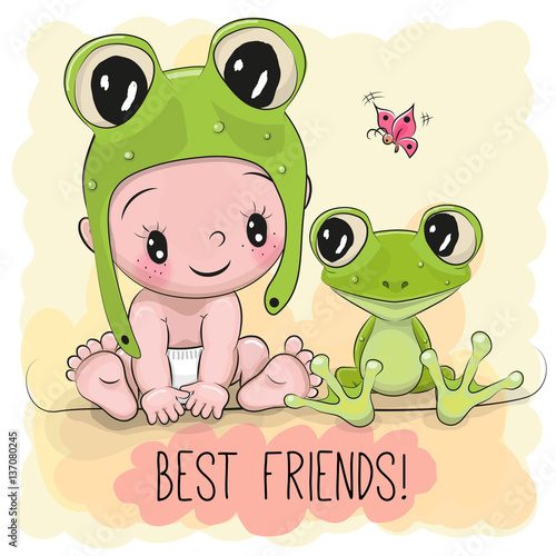 Cute Cartoon Baby and frogg