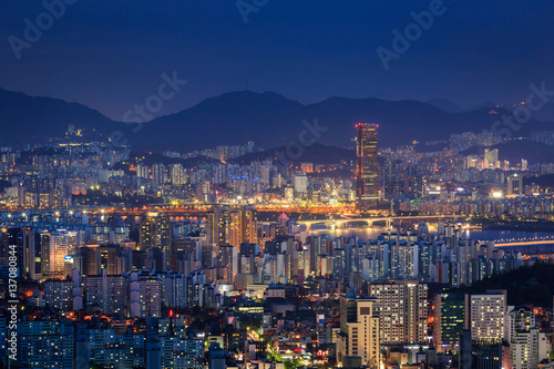 Skyscraper of Seoul city skyline at night  South Korea