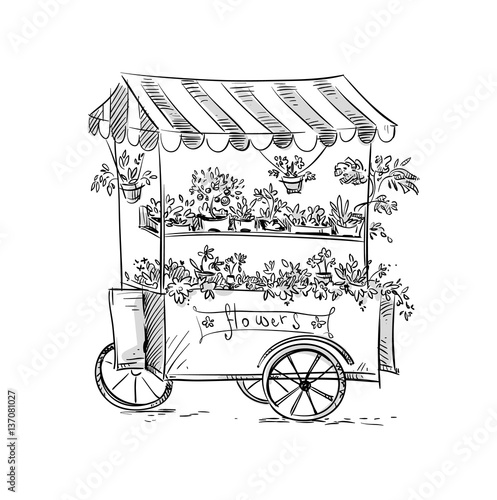 Flower stall, Florist cart. Vector illustration