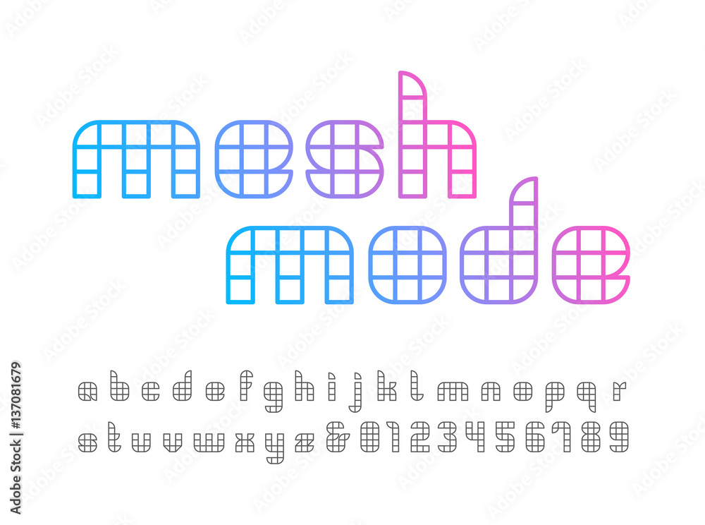 Linear font. Vector alphabet with mesh effect letters and number