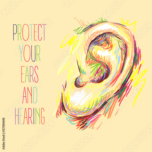 International Ear Care Day. Ear sketch. Health care vector illus