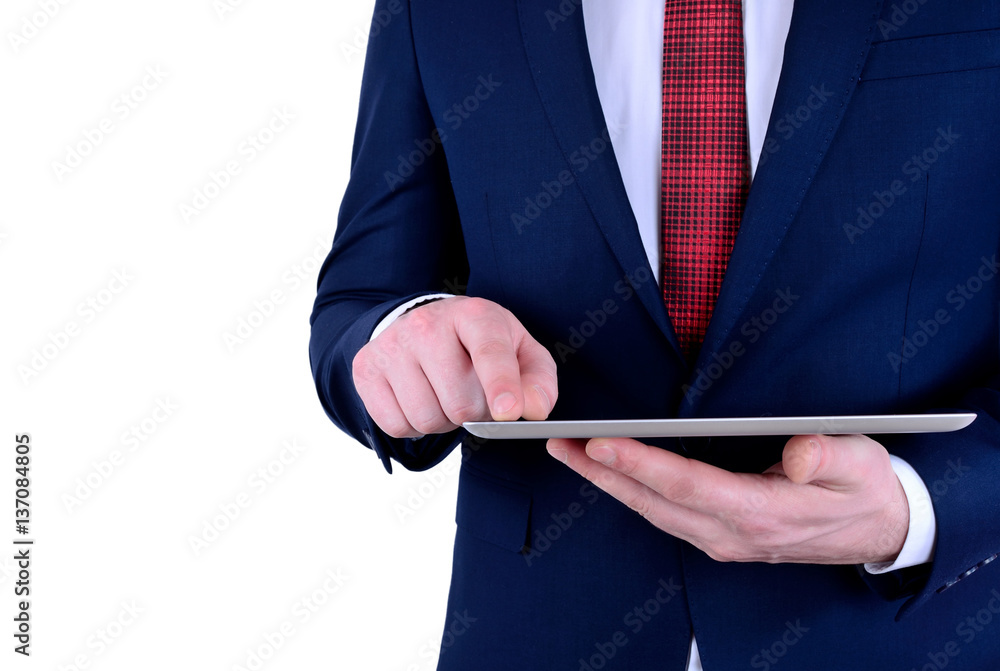 isolated business man touch tablet isolated business man touch tablet