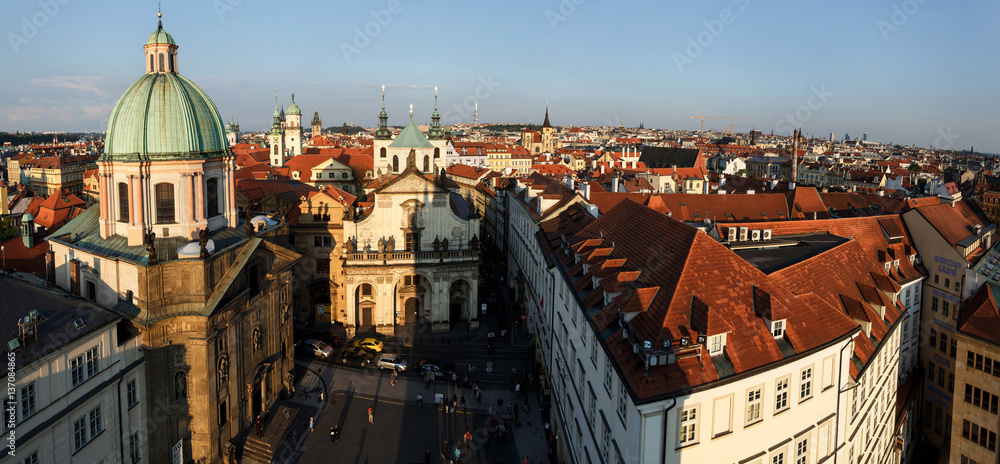panoramic view of buildings with red roofs in Prague