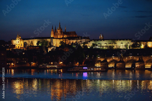 incredible view of evening illuminated bridge and river © myronovychoksana