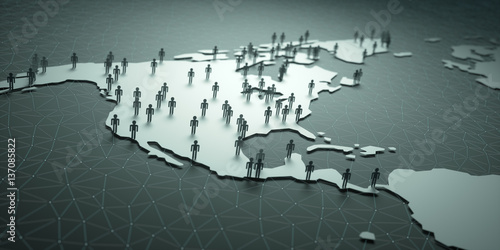 North And Central America Population. 3D illustration of people on the map, representing the country's demography.
