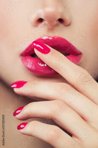 Makeup Pink Lip Gloss and Manicure Nails, Face Closeup