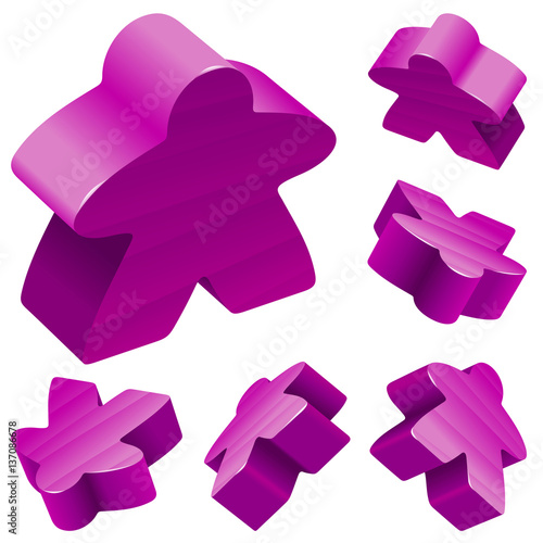 Vector set of standard wooden meeples for board games. Purple gaming pieces isolated on white background. Boardgames symbol for advertisement, community icons or geek print