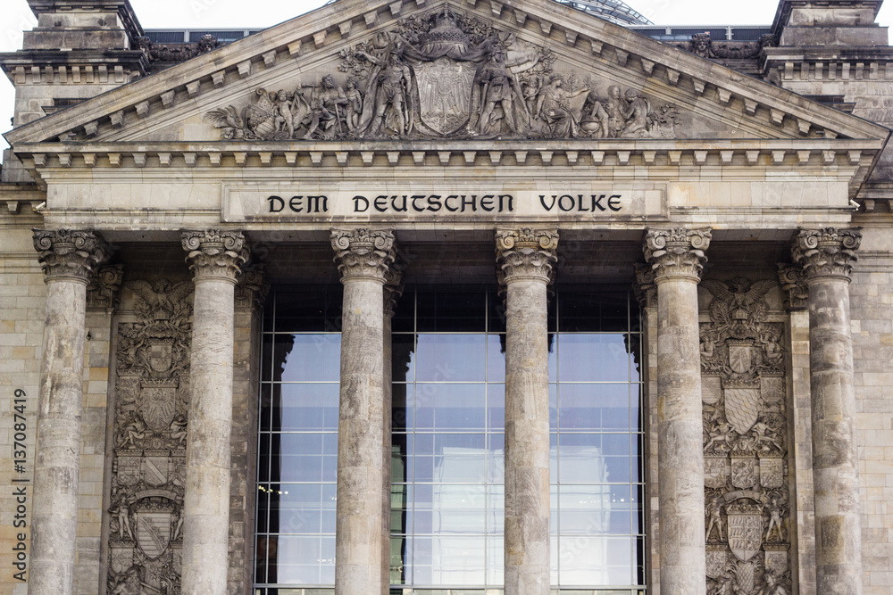Facade of old Reichstag building in Berlin, Germany