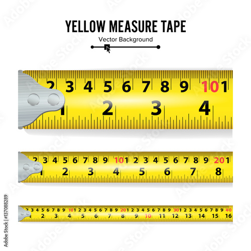 Yellow Measure Tape Vector. Centimeter And Inch. Measure Tool Equipment Illustration Isolated On White Background. Several Variants, Proportional Scaled.