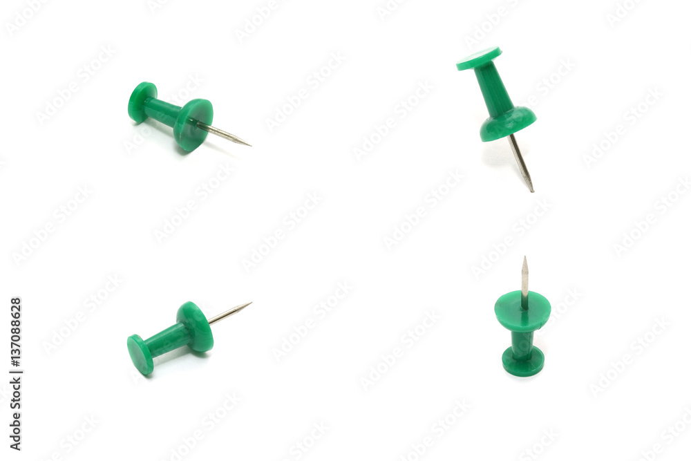 Collection set of green push pin isolated on white background