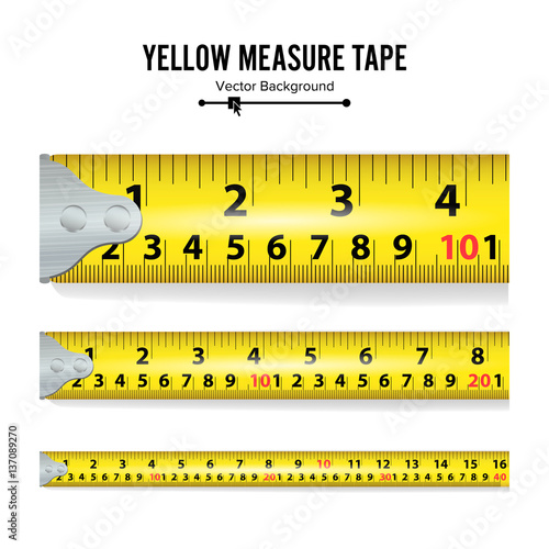 Yellow Measure Tape Vector. Measure Tool Equipment In Inches. Several Variants, Proportional Scaled.