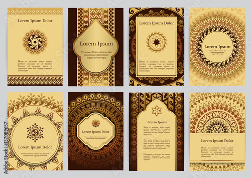 Vector templates with mandala in brown, gold and beige colors