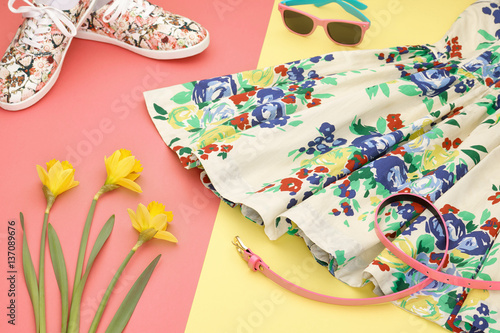 Fashion Summer girl clothes Set, Accessories. Outfit. Stylish Floral Dress,Trendy fashion Sunglasses, flowers. Glamor Hipster Gumshoes. Summer lady Essentials. Creative Design. Fashion Urban Concept