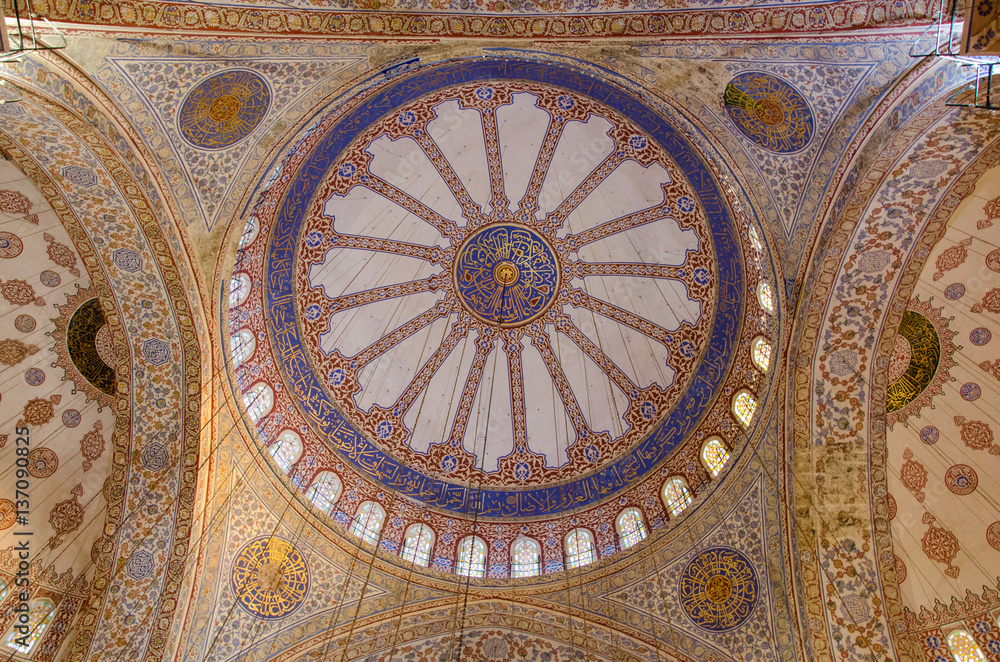 TURKEY, ISTANBUL - OCTOBER 19, 2015: Interior of the Sultanahmet Mosque (Blue Mosque) in Istanbul