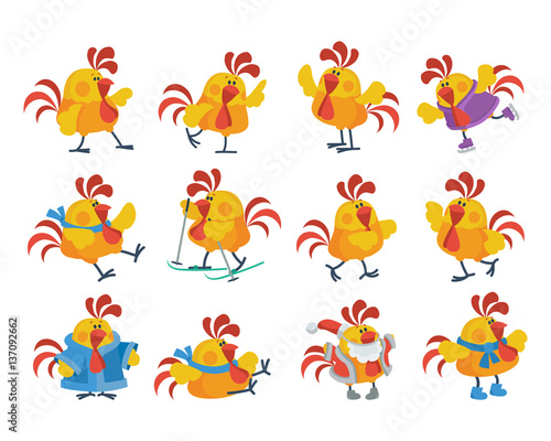 Cute Cartoon Roosters Flat Vector Icon Set
