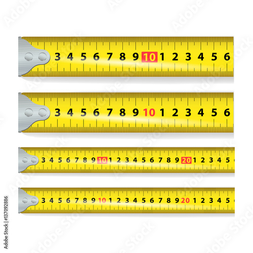 Yellow Measure Tape Vector. Measure Tool Equipment In Centimeters. Several Variants, Proportional Scaled.