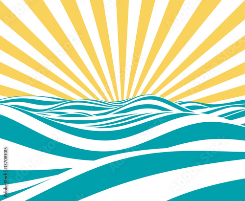 Abstract vector summer background, with stylized waves and sun-rays. 