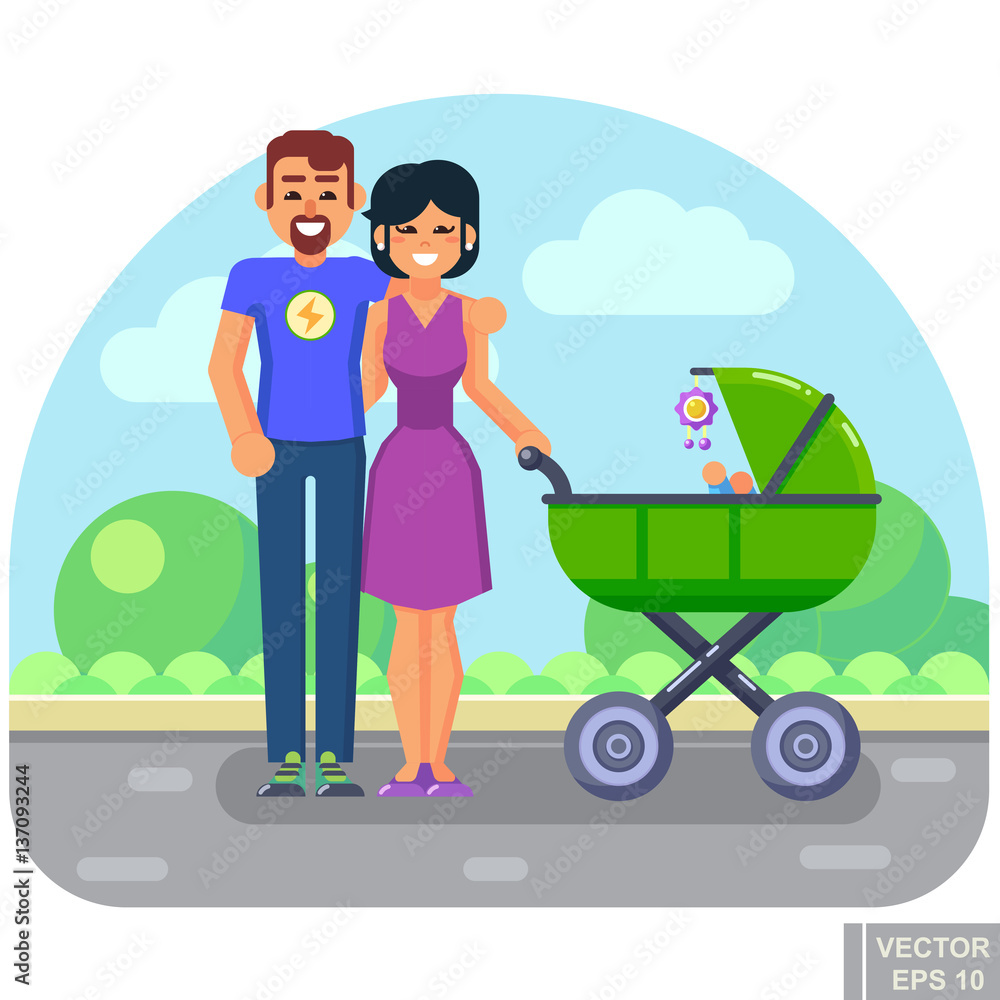 Happy young family with a baby in stroller walking in Park concept flat vector illustration. Vector files, fully editable. Happy young family with a baby in stroller walking in Park concept flat vector illustration. Vector files, fully editable.