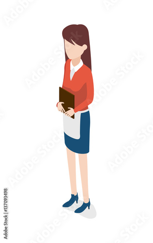 Restaurant. Young Waitress Holding Brown Notebook photo