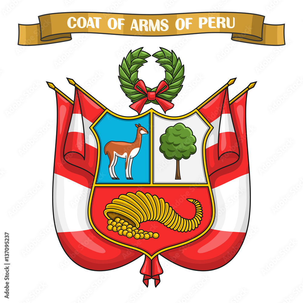 Vector illustration on theme Peruvian Coat of Arms, heraldic shield on national state flags - Emblem of Peru, on ribbon title text: coat of arms of peru, peruvian official heraldry, symbolic emblem. - obrazy, fototapety, plakaty 