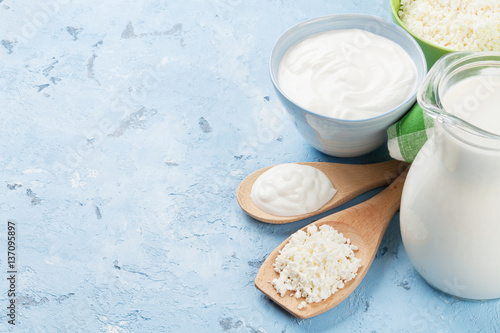 Dairy products on stone table