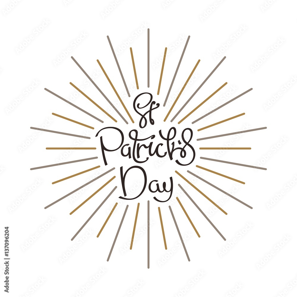 Fototapeta premium Saint Patrick's Day. Universal handwritten lettering composition with linear sunbeams. Vector design elements. 