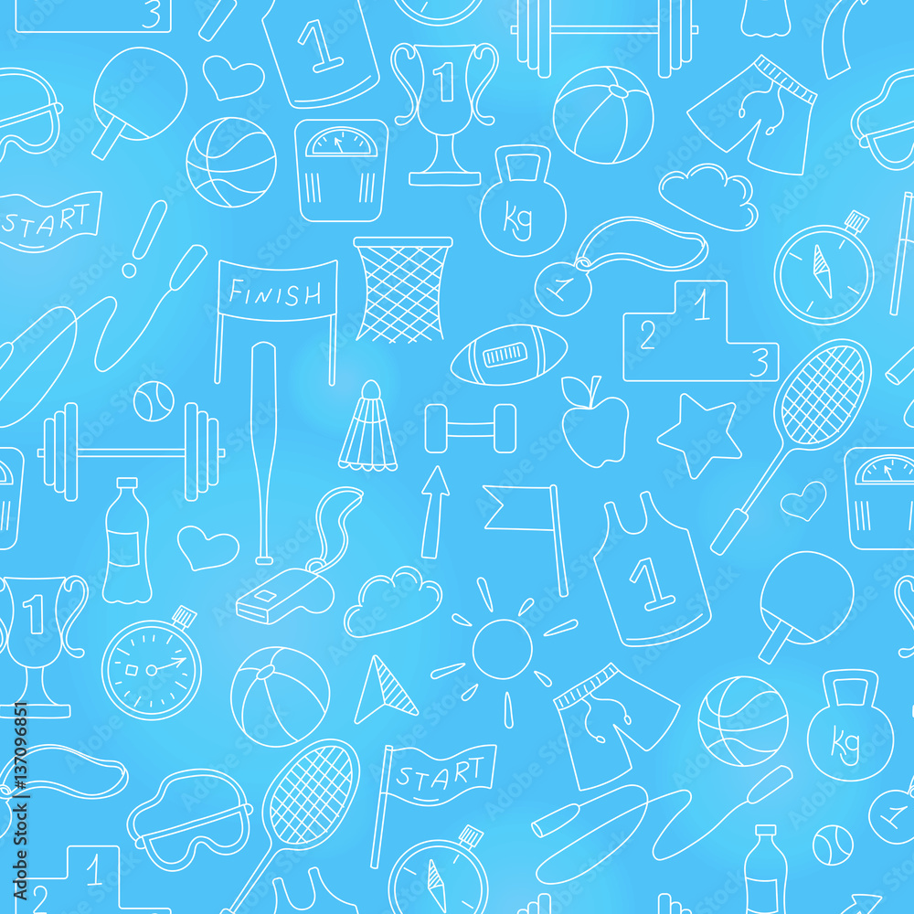 Seamless background on a theme sports and exercise, a bright outline on a blue background Seamless background on a theme sports and exercise, a bright outline on a blue background