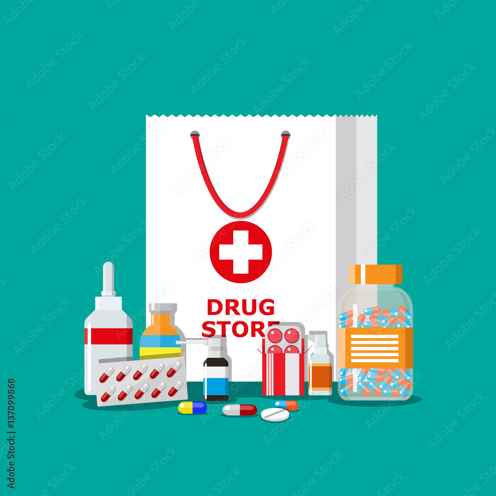 shopping bag with medical pills and bottles
