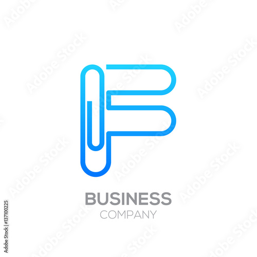 F letter from paper clip alphabet.Business and education logo concept