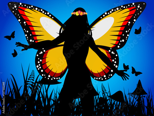 Fairy queen silhouette with butterfly wings