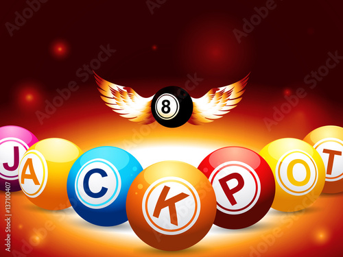 Jackpot and number 8 balls with wings on glowing background