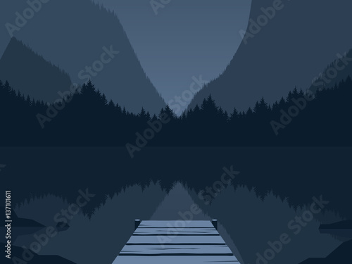 Night at the mountain lake vector illustration. Symbol of freedom, adventure, vacation, tourism, hiking in the wilderness.