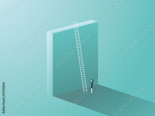 Business challenge concept with big wall and ladder. Businesswoman standing in front, symbol for career growth, finding creative solution.