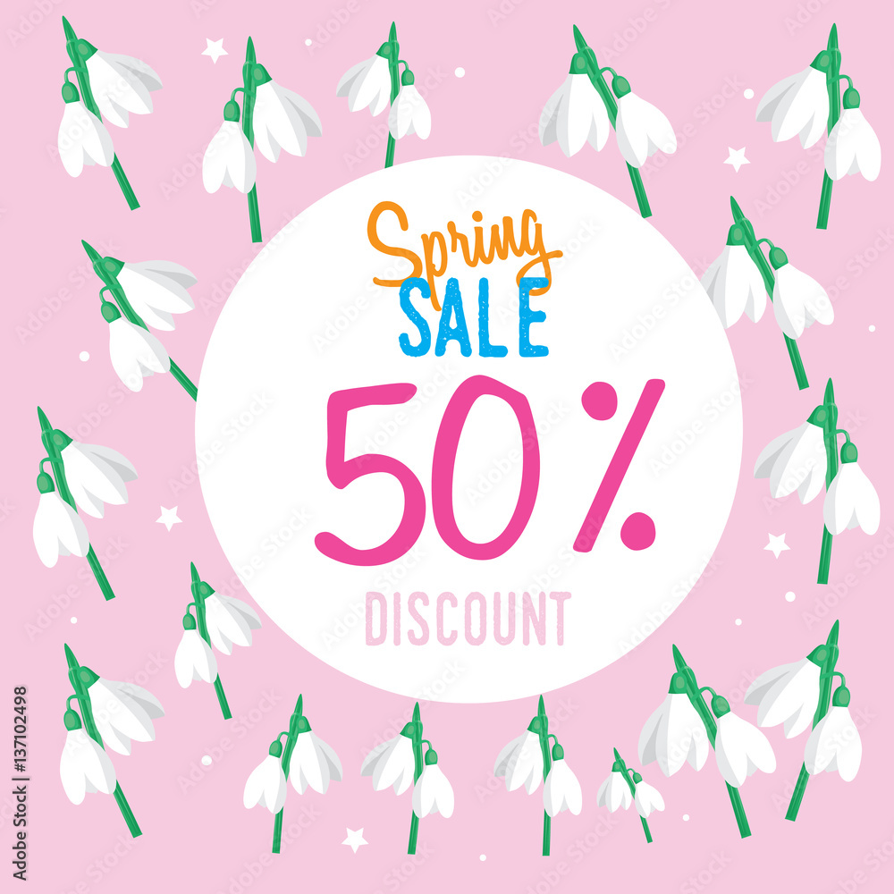 Spring sale banner, background with galanthus snowdrop flowers. Seasonal discount.