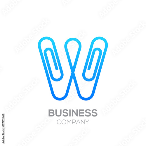 W letter from paper clip alphabet.Business and education logo concept