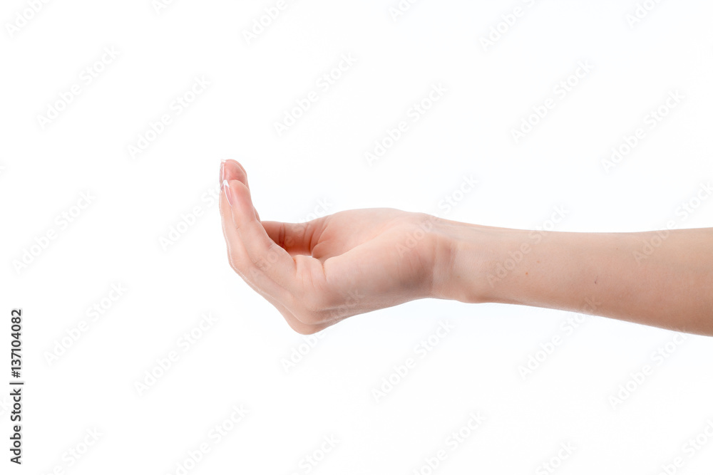 female hand outstretched to the side with bent hands isolated on white background female hand outstretched to the side with bent hands isolated on white background
