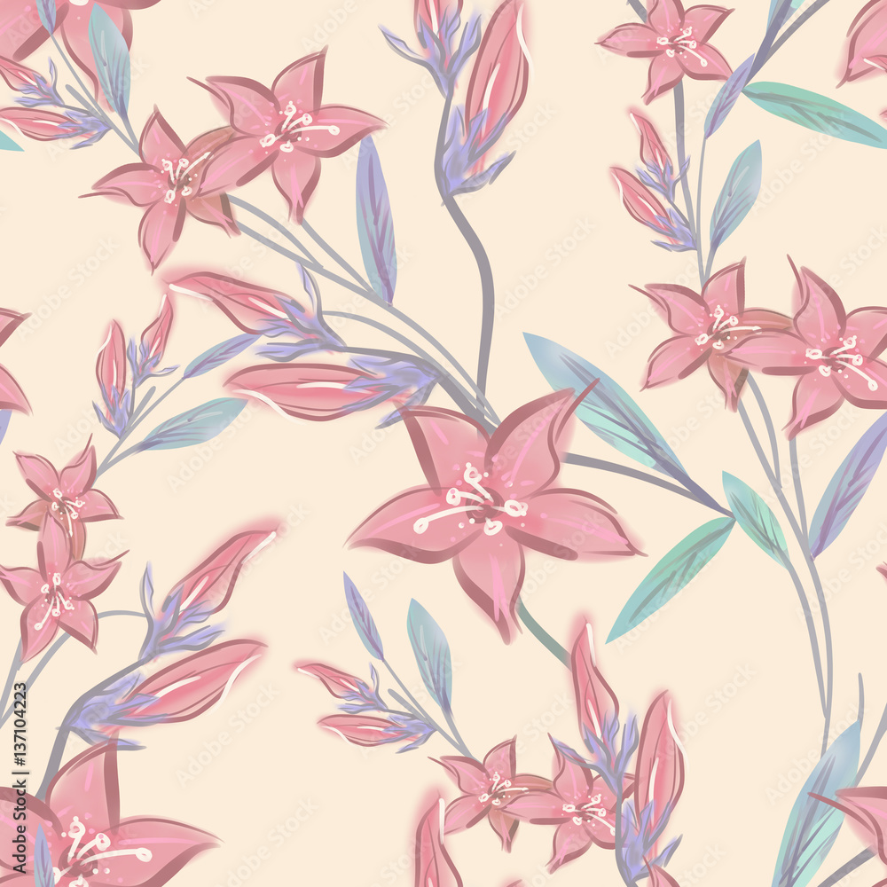Campanula Flowers Seamless Pattern. Raster Illustration. Campanula Flowers Seamless Pattern. Raster Illustration.