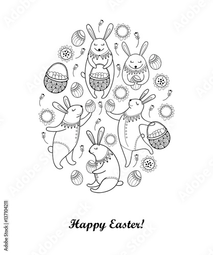 Vector Happy Easter card with outline easter rabbit, egg and basket isolated on white background. Cartoon elements with cute bunny and eggs in contour style for coloring book and greeting design.