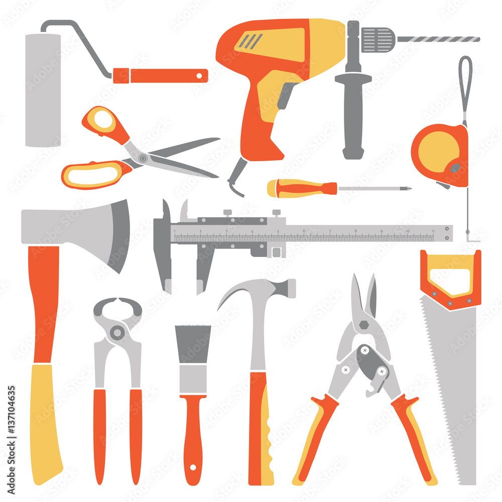 Vector orange working tools collection for construction and repair. Part two Vector orange working tools collection for construction and repair. Part two