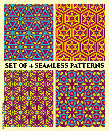 Seamless geometrical patterns of violet, blue, grey, orange and yellow shades