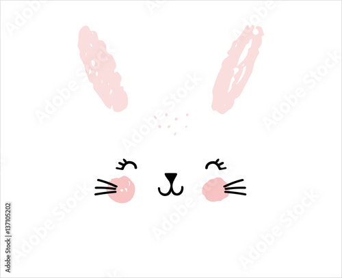 Happy Easter greeting card, poster, with cute, sweet hand drawn watercolor bunny