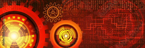 Technological banner with various elements of red, yellow and orange shades