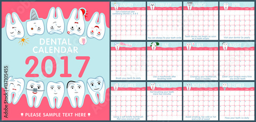 Calendar for children dentistry. Electronic dental calendar 2017. Funny cartoon teeth and oral hygiene concept. Toothcare. Stomatology planner. Vector Illustration