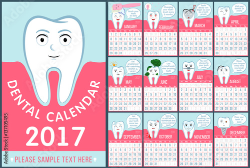 Calendar for children dentistry. Wall dental calendar 2017. Funny cartoon teeth and oral hygiene concept. Toothcare. Vertical orientation, stomatology planner. Vector Illustration