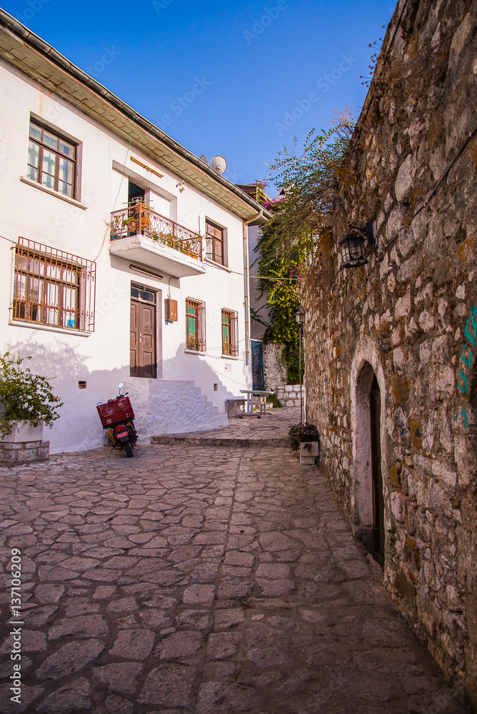 mediterranean village and narrow street blue sky
