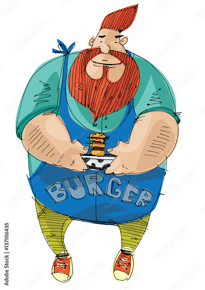 Fat redhead bearded cook is holding hamburger in his hands. Cartoon ...