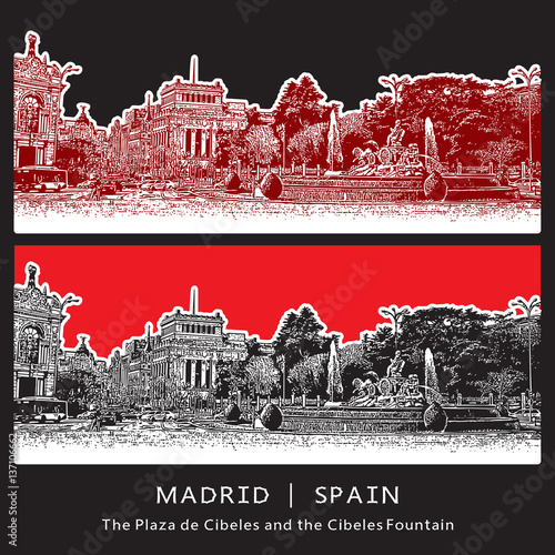 Madrid, Spain. Urban scene with the Plaza de Cibeles and Fountain. Vector graphic illustration.