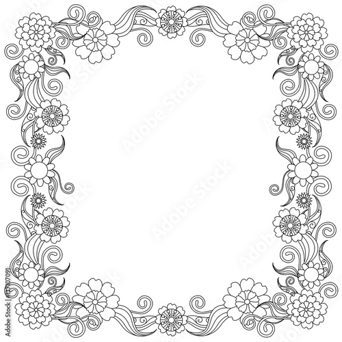Monochrome flowering frame hand drawn stock vector illustration